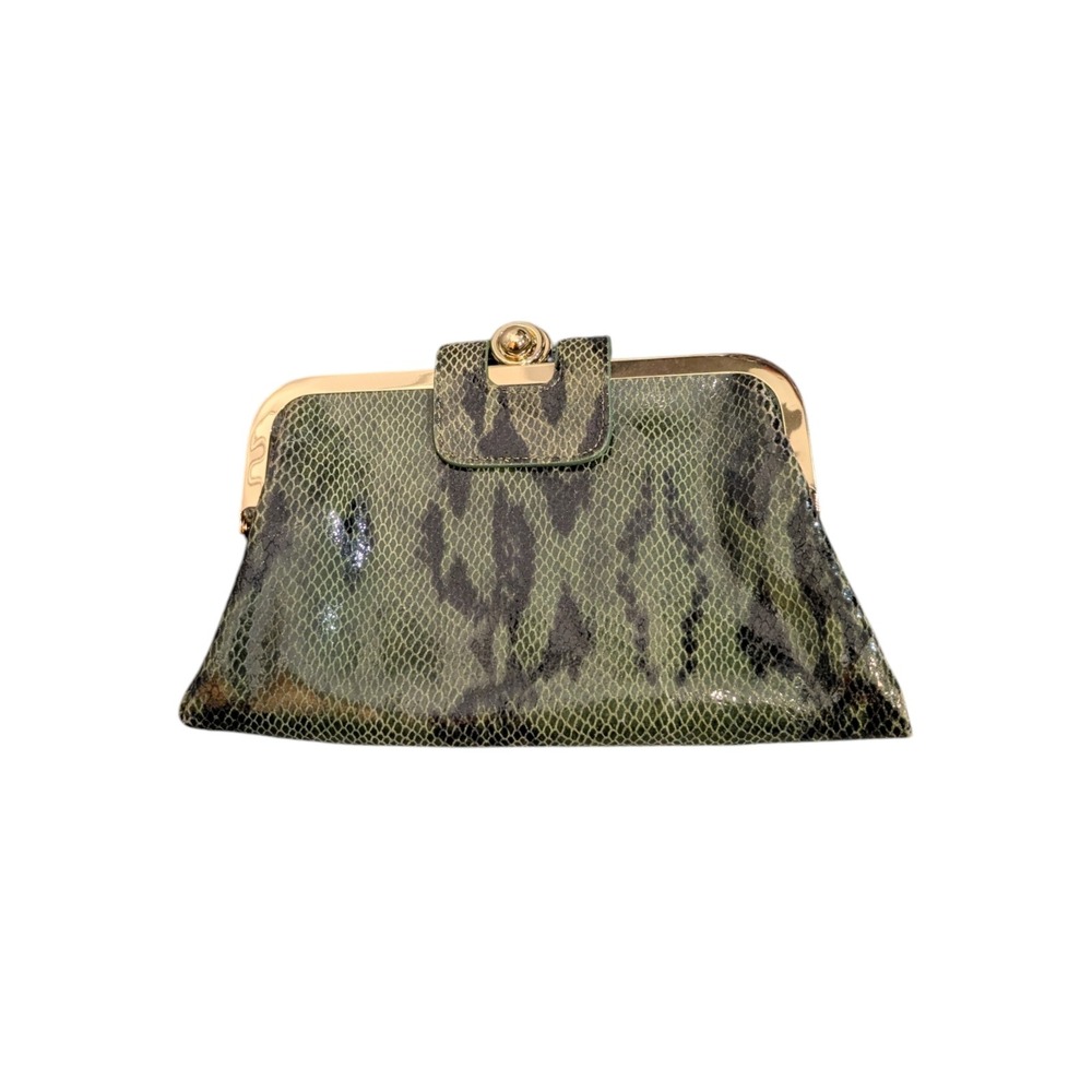 Kate Landry Green Snakeskin Embossed Kiss Lock Clutch Wallet Floral Interior